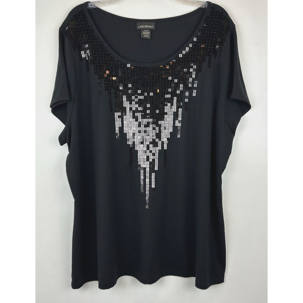 Lane Bryant Sequin Top Womens 22 Black Short Sleeve Plus Event Party Cruise